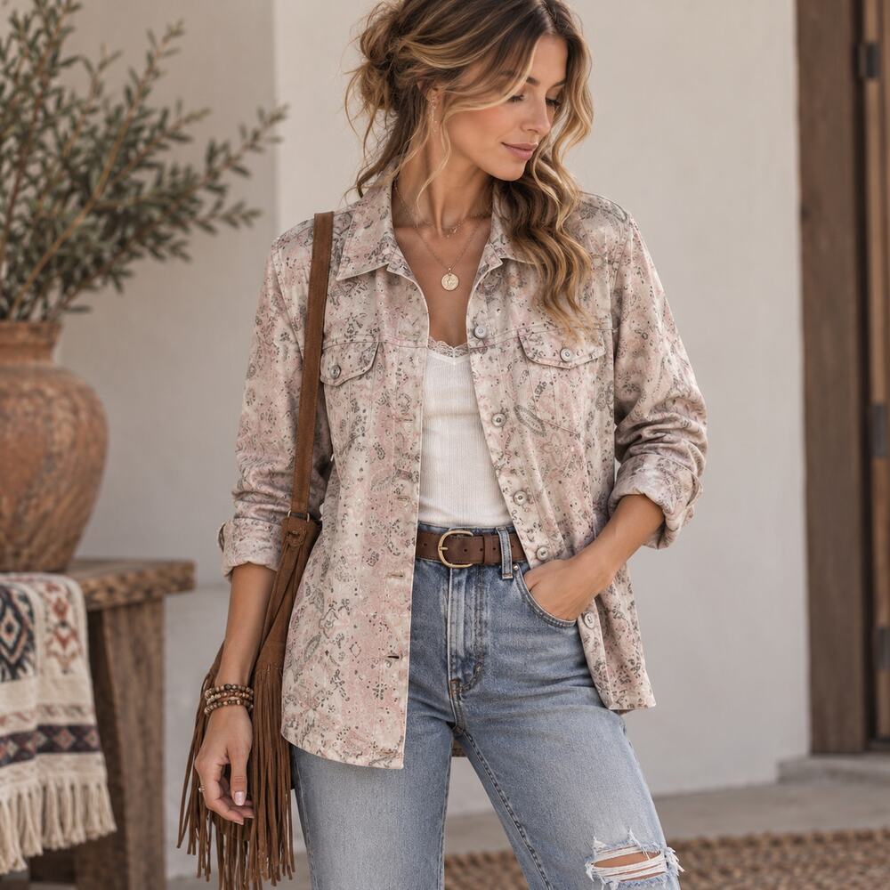 Chico’s Women’s Tapestry Shirt Jacket Size 2 L 12-14 Pink Rayon Silk Boho